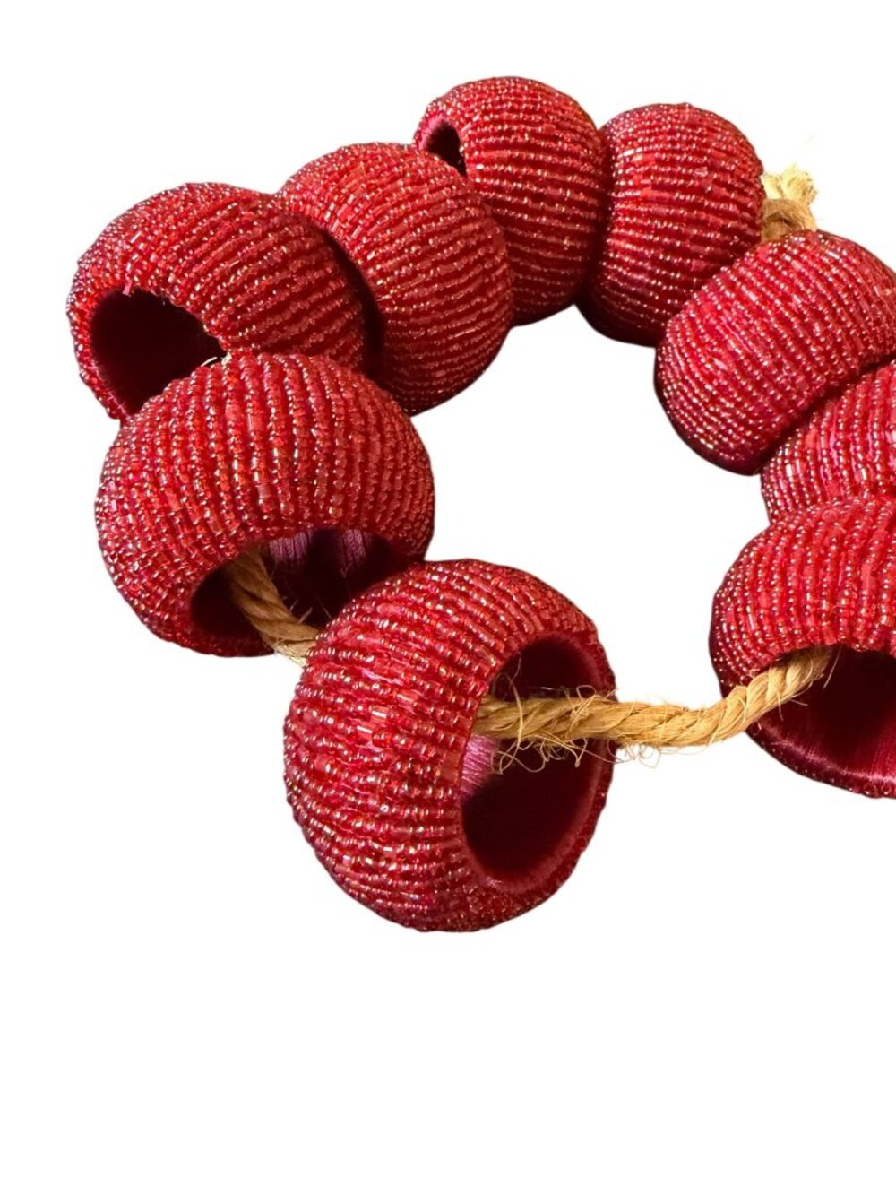 Vintage Handmade Red Beaded Decorative Napkin Rings - Set Of 9 - Picture 2 of 3